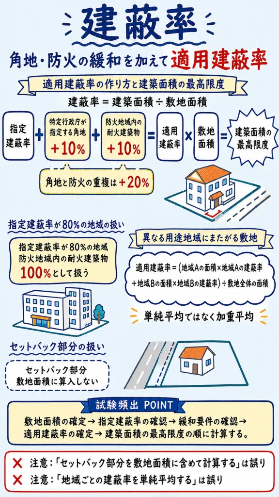 建蔽率のノート。角地と防火規制の緩和で10%ずつ加算される図